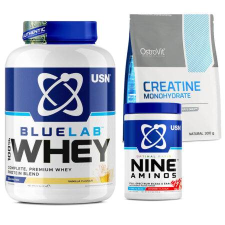 USN - BLUE LAB 100% WHEY PROTEIN 2kg + OstroVit Creatine Monohydrate 300 g +USN Nine Aminos, Ultimate Workout Hydration, BCAA & EAA Electrolyte Drink 330gr