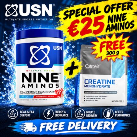 USN Nine Aminos, Ultimate Workout Hydration, BCAA & EAA Electrolyte Drink 330gr + OstroVit Creatine Monohydrate 300 g FREE