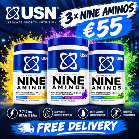 USN Nine Aminos, Ultimate Workout Hydration, BCAA & EAA Electrolyte Drink 330gr X 3 (90 servings)