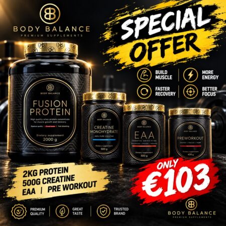BODY BALANCE Fusion Whey Protein 2kg + Creatine Monohydrate 500gr + EAA 500gr - 42servings + BODY BALANCE NUTRITION – Pre Workout 500gr