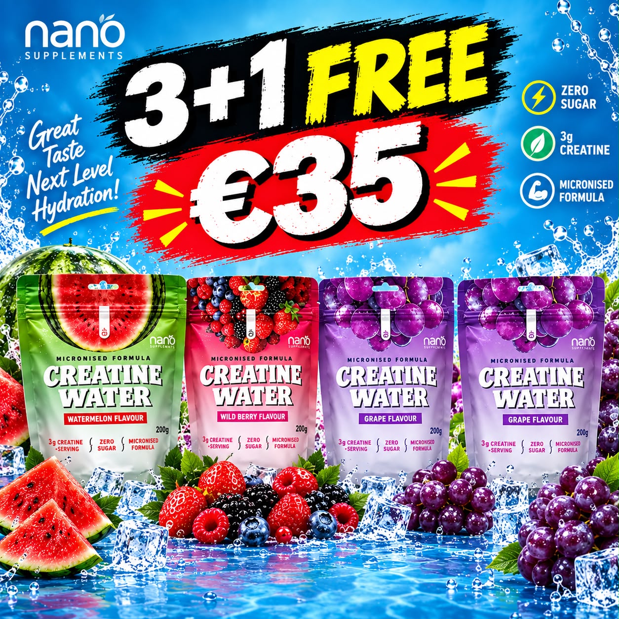 4 x Nano Supps Creatine Water 200g - 40 servings