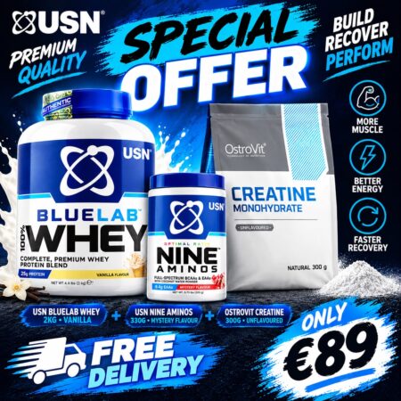 USN - BLUE LAB 100% WHEY PROTEIN 2kg + OstroVit Creatine Monohydrate 300 g +USN Nine Aminos, Ultimate Workout Hydration, BCAA & EAA Electrolyte Drink 330gr