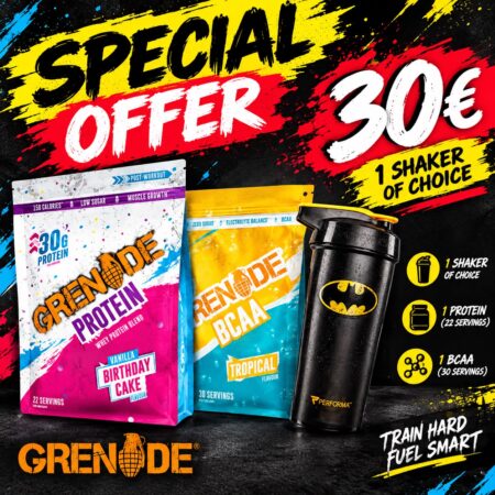 GRENADE WHEY PROTEIN 480g (12 servings) - Birthday Cake Flavor + GRENADE BCAA 390G (30 SERVINGS) + PERFORMA HERO SERIES DC Shaker 800ml Batman or Superman- Limited Edition