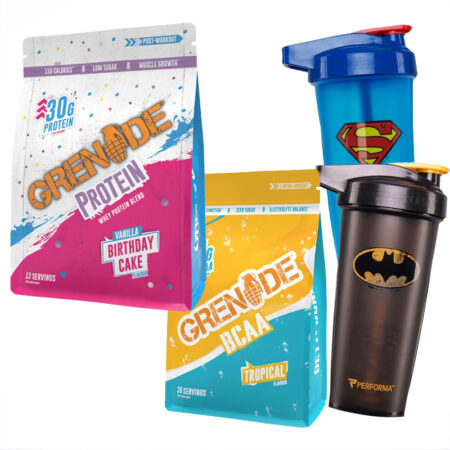 GRENADE WHEY PROTEIN 480g - Birthday Cake Flavor + GRENADE BCAA 390G (30 SERVINGS) + PERFORMA HERO SERIES DC Shaker 800ml Batman or Superman- Limited Edition
